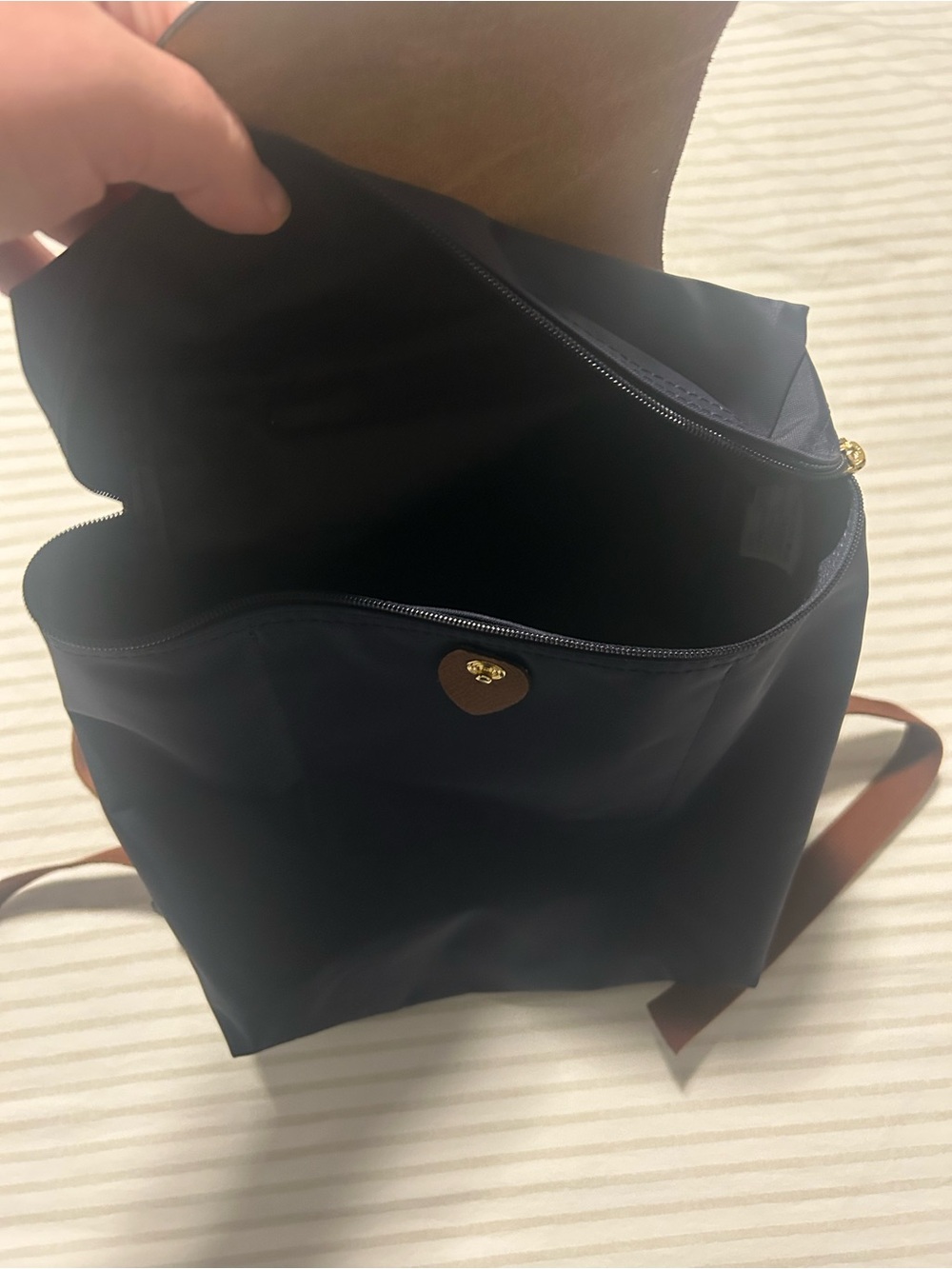 Longchamp Navy Nylon Backpack with Brown Leather Flap - Picture 3 of 5